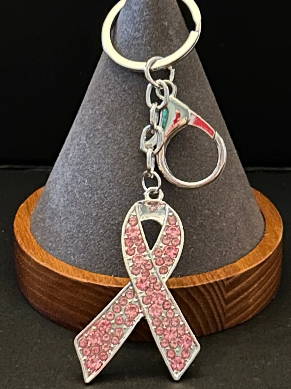 Pink Crystal Ribbon Bag Charm Keyring Keychain - Support Awareness - Silver